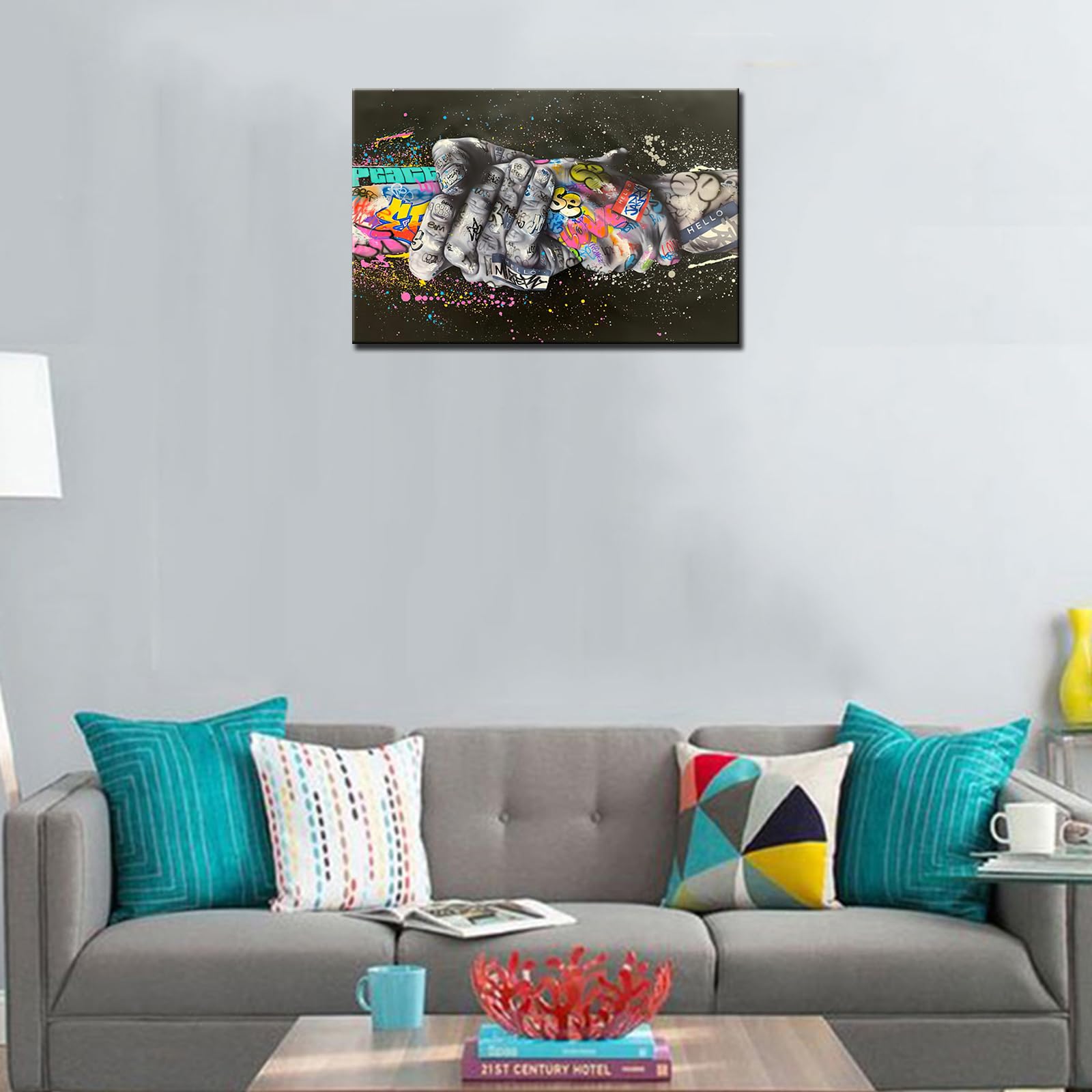 Hand Pictures Friendly Holding Hands Art Paintings Banksy Graffiti Artwork Peace Hand Wall Art 1P Living Room Home Modern Decor Wooden Framed Ready to Hang Poster and Prints(24''Wx16''H) - Image 2