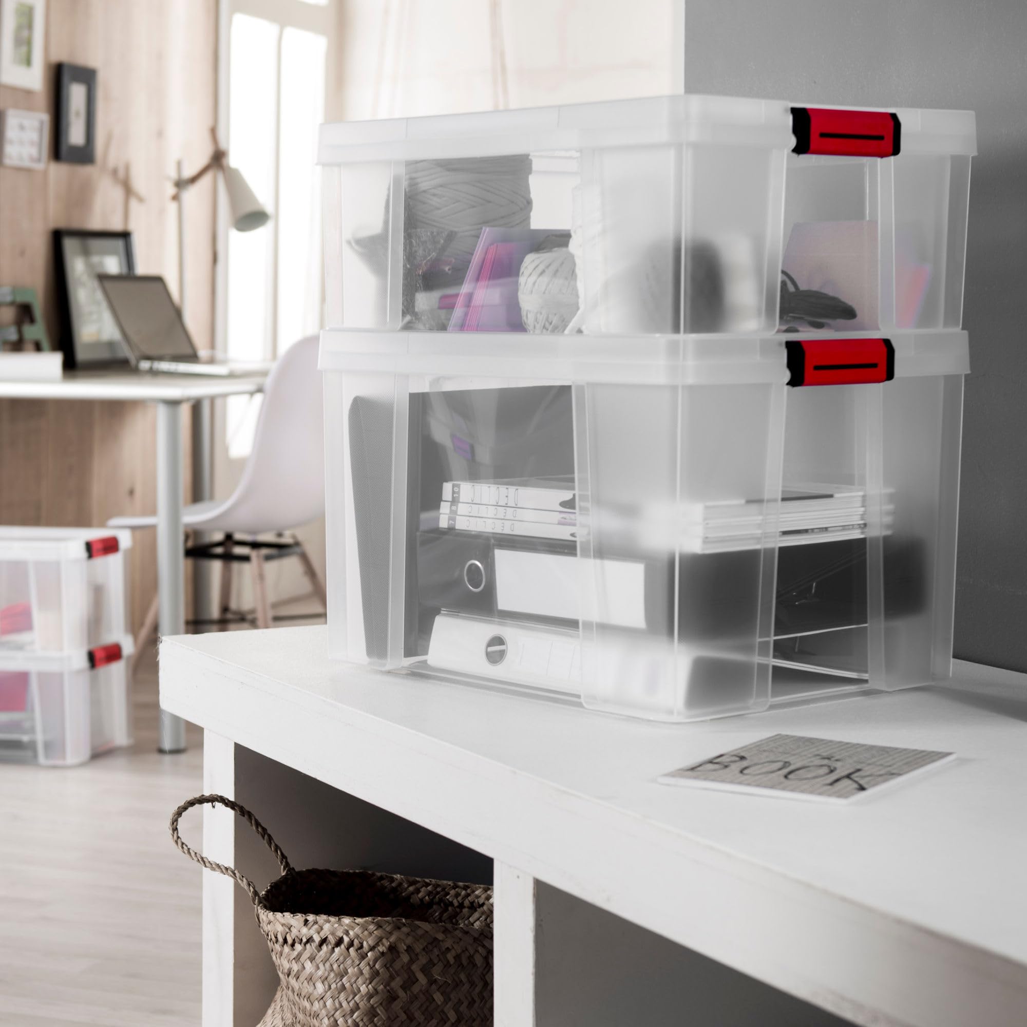 Sundis set di 4 contenitori rinforzati CLIP'N STORE 9L, Trasparente con coperchio a scatto, impilabile, idoneo al contatto alimentare | Con coperchio a clip, in plastica trasparente, adatte al contatto alimentare, pareti diritte, impilabili e combinabili