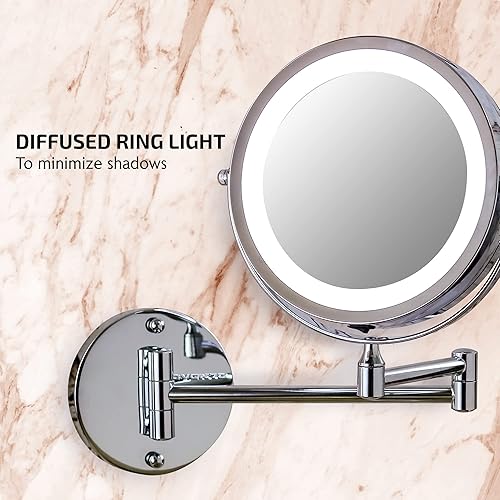 Miniatura 3 de OVENTE Espejo de maquillaje iluminado de 6.8 pulgadas, lupa 1X y 7X, LED redondo ajustable de doble cara, extensible, brazo retráctil y plegable,
