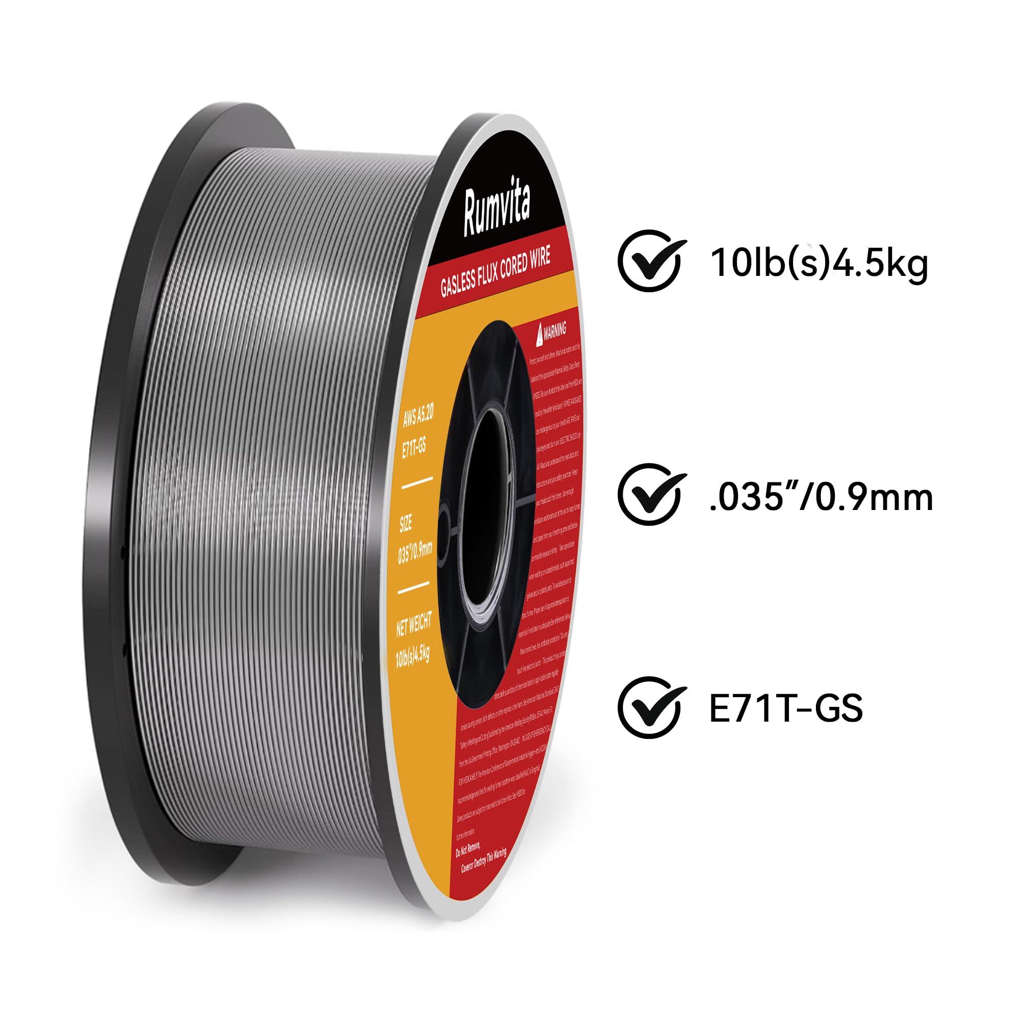 Alambre de soldadura de núcleo de flujo .035, E71T-GS de 35 pulgadas de diámetro, carrete de plástico ABS fuerte de 10 libras con alambre de soldadura de bajas salpicaduras