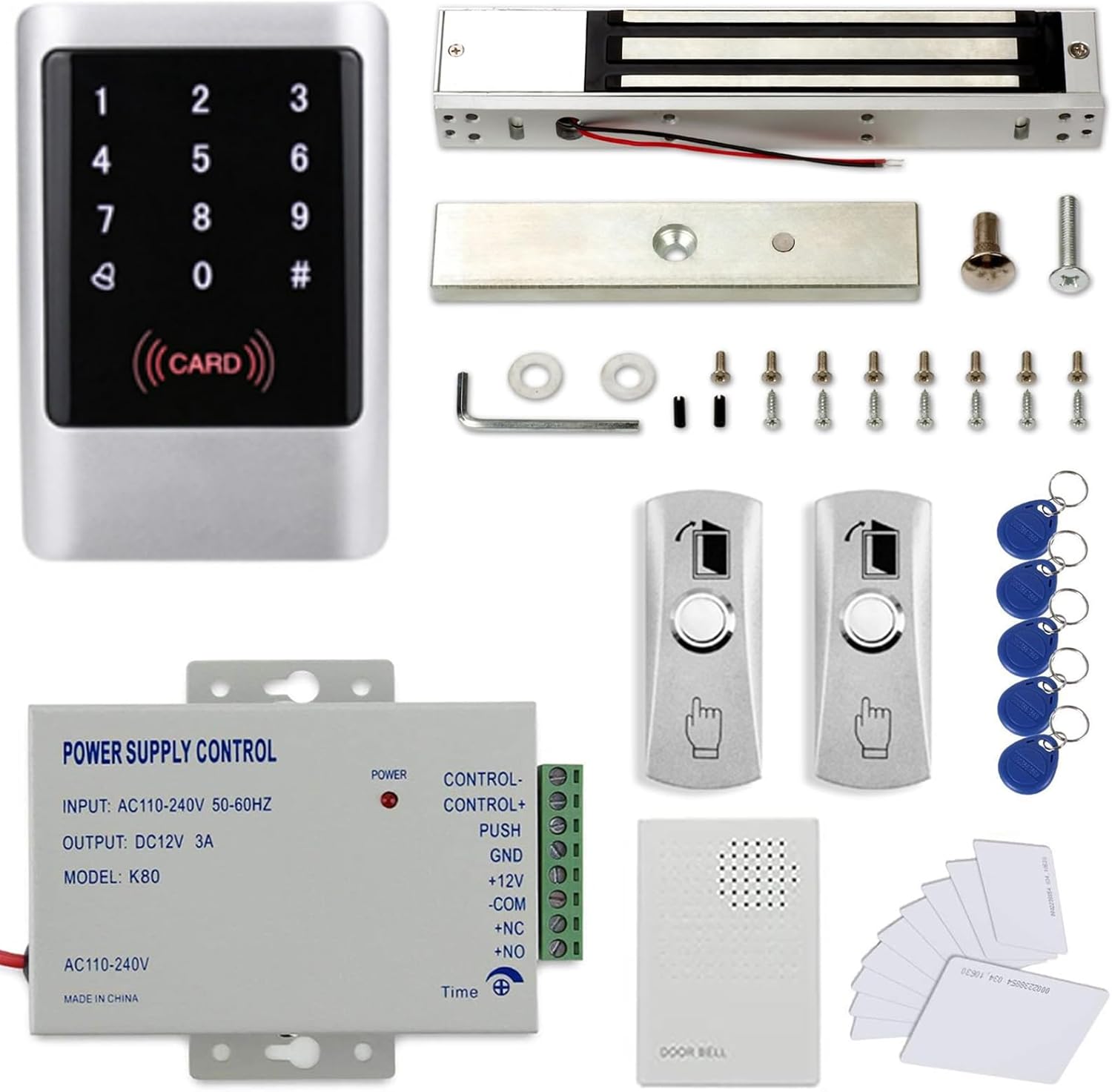MENGQI-CONTROL Door Entry System with RFID Waterproof Touch Keypad Controller+Electromagnetic Lock(Waterproof)+110V Power Supply Box+2 Push to Exit Button+Door Bell+RFID Keychains/Cards