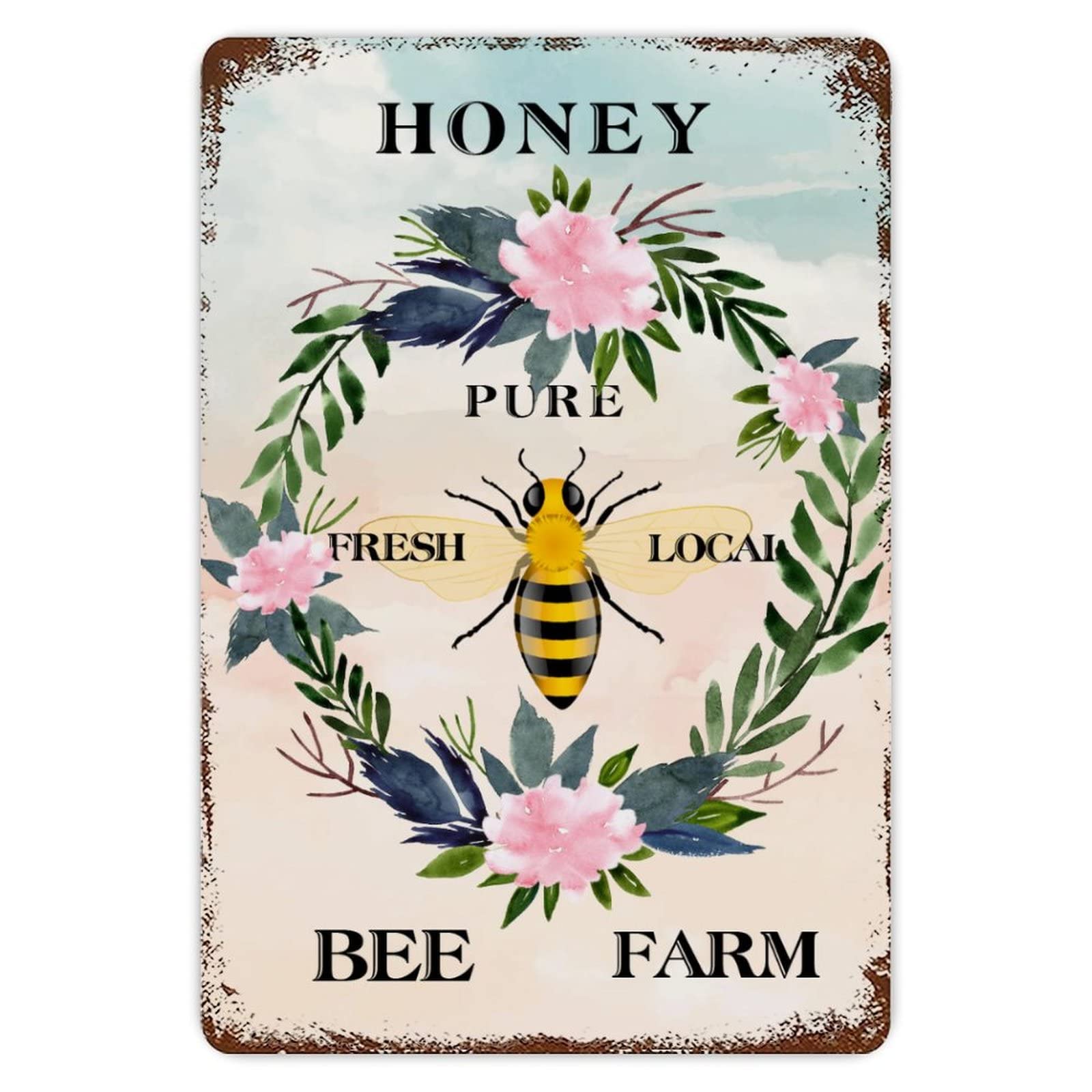 ENEDNATE Funny Vintage Metal Sign Bee Farm Honey Flower Wreath Aluminum Sign 8x12 inch Metal Tin Sign Retro Wall Door Hanger Decor Sign