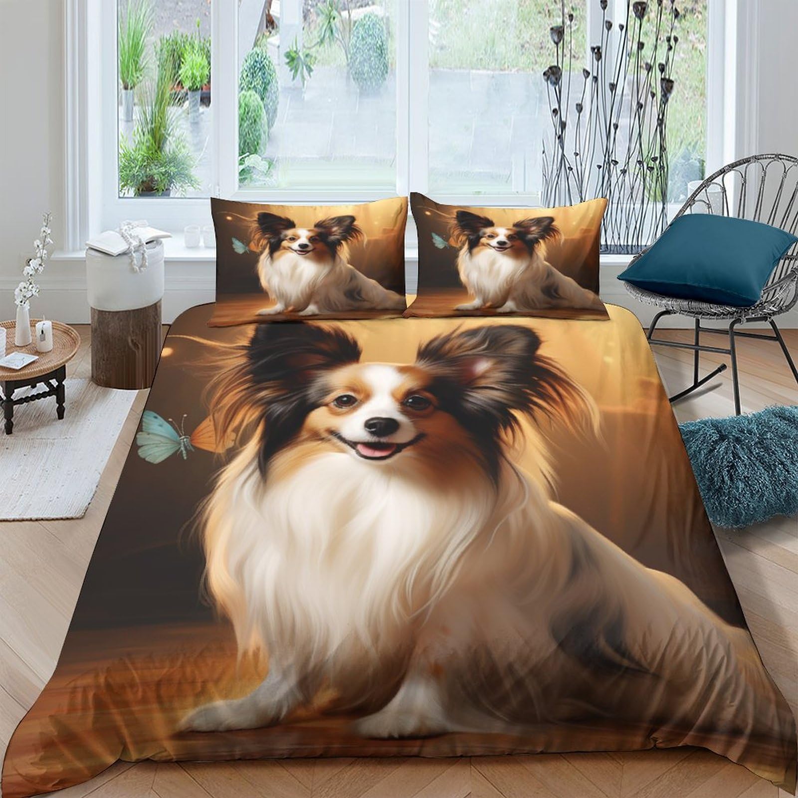 Parure de lit 3 pièces papillon et chien avec housse de couette et 2 taies d'oreiller