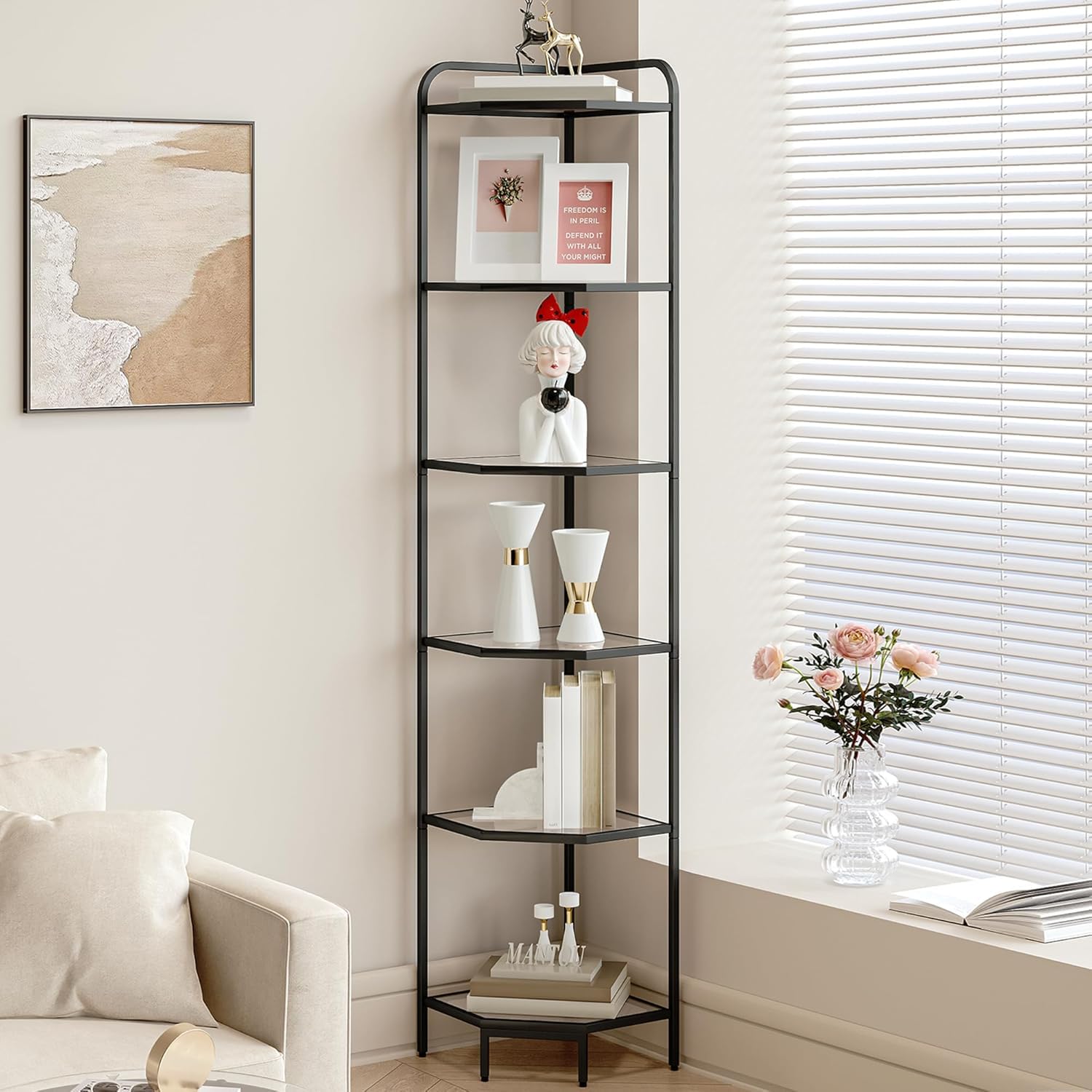 Hzuaneri Corner Shelf Stand, 6-Tier Glass Bookshelf Bookcase, Bathroom Organizer, Plant Stand, Steel Frame, Tempered Glass, Modern Style for Living