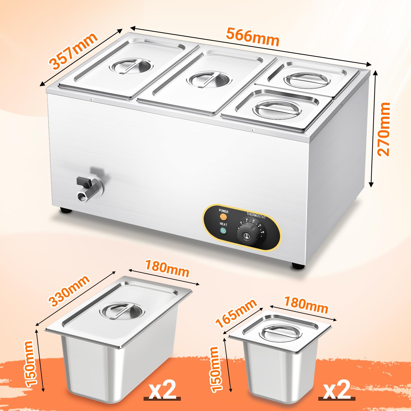 Baño María Eléctrico con 4 bandejas de Acero Inoxidable Bain Marie con Control de Temperatura