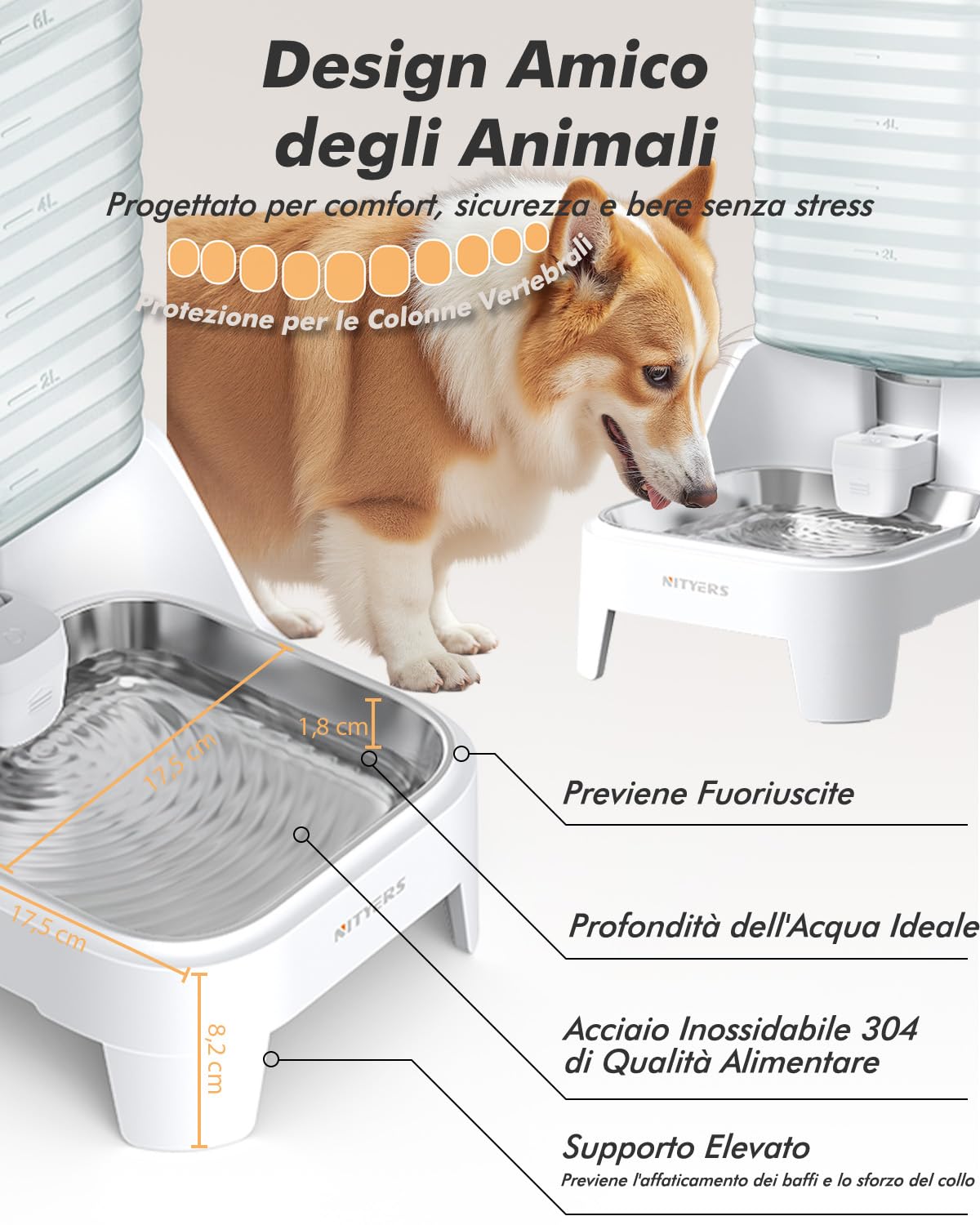8L Automatico a Gravità Distributore di Acqua per Gatti e Cani, Senza elettricità, Con Filtro, Ciotola in Acciaio Inox 304 e Rubinetto Antigoccia Brevettato, Ideale Per Famiglie Con Più Animali