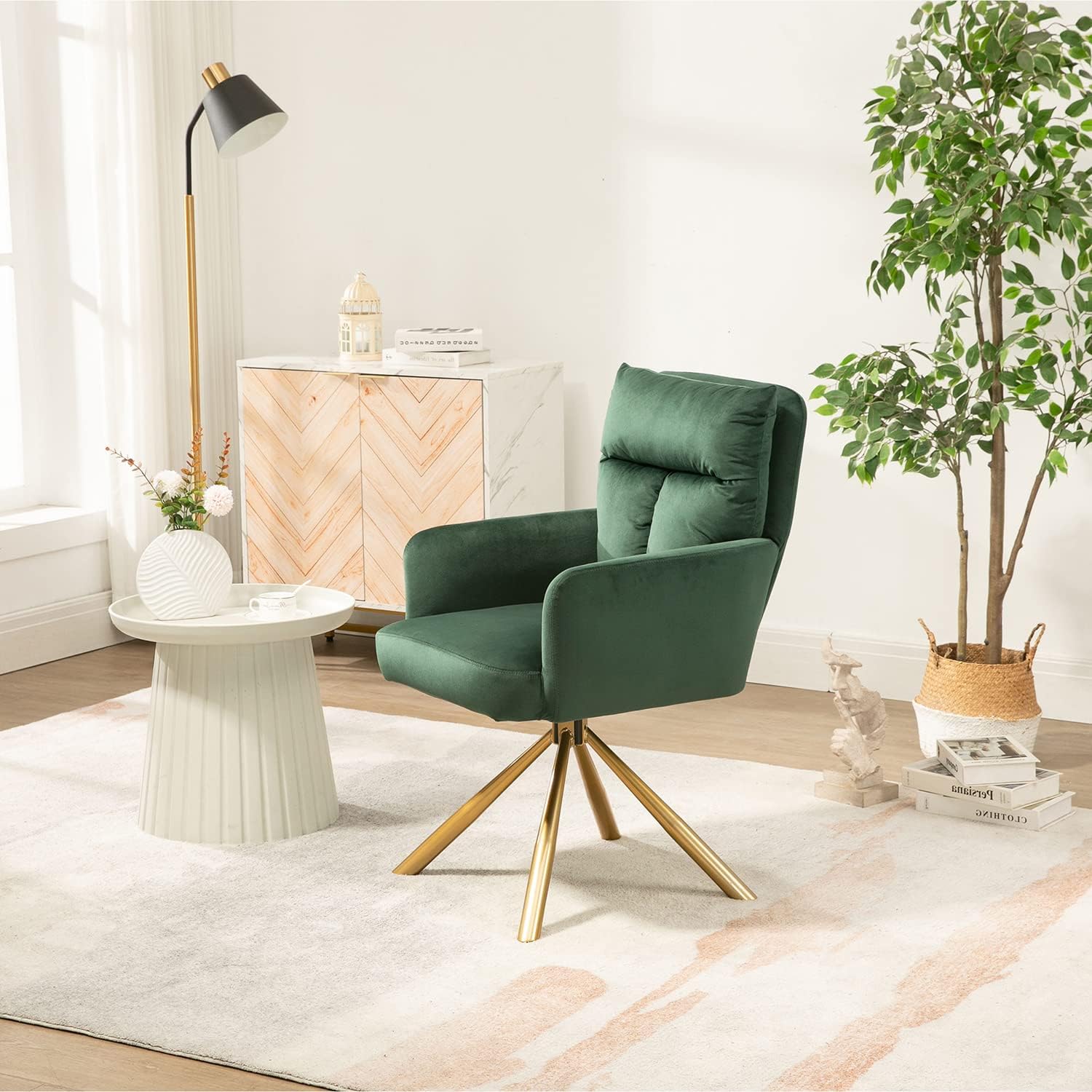 Velvet Office Desk Chair No Wheels, Modern Vanity Chair with Gold Legs, Wide Seat Computer Task Chair for Home Office (Green)
