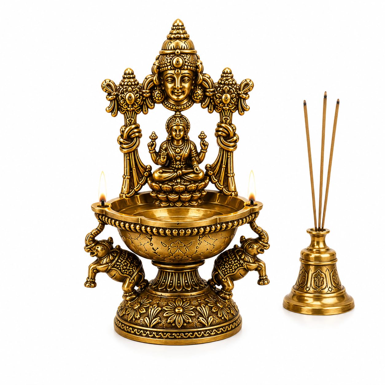 Brass Perumal with Lakshmi Vilakku | Antique Finish Traditional Kuthu Deepam Diya for Pooja Room | Gold Brass Oil Lamp for Home Temple, Aarti & Religious Decor | with thiri kambi-image-45
