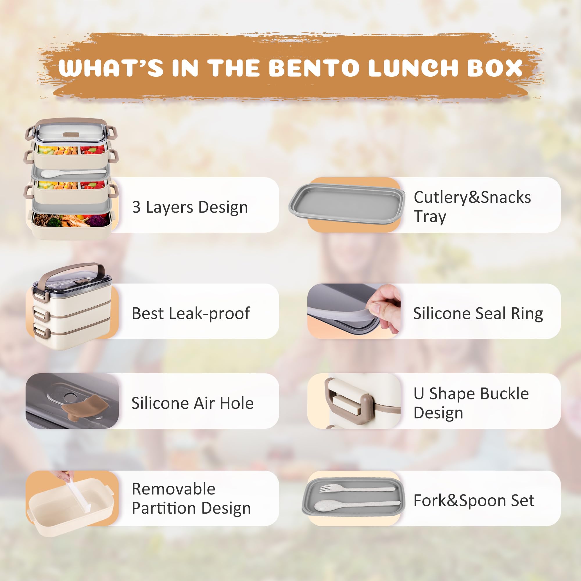 Bento-Lunchbox für Kinder, Damen, Herren, 1,3 l, 2 Fächer, Salat, Metall, Lebensmittelzubereitungsbehälter für Mittagessen, Edelstahl, 3 Schichten, stapelbar, Lunchbehälter mit Deckel, für Erwachsene