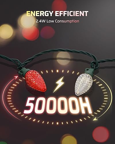 Miniatura 4 de DEWENWILS Luces de Navidad C9 rojas y blancas, 33.3 pies, 50 luces LED de cadena impermeables, luces de bombillas de Navidad para interiores y