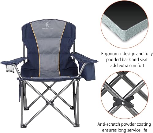 Miniatura 3 de ALPHA CAMP Silla de camping plegable de gran tamaño, sillas de césped portátiles resistentes con bolsa enfriadora, bolsillo lateral y soporte para