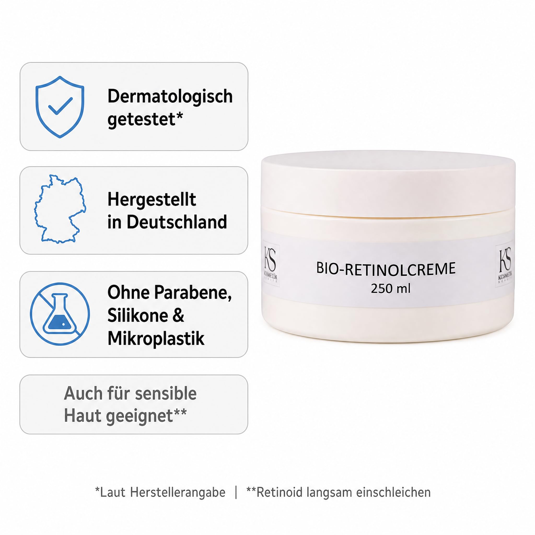 KS Beauty Bio Retinol Creme Nachtcreme, 250 ml, Anti-Aging | Reichhaltige Nachtpflege mit Retinyl Acetate, Niacinamid & Q10 – für Gesicht, Hals und Dekolleté