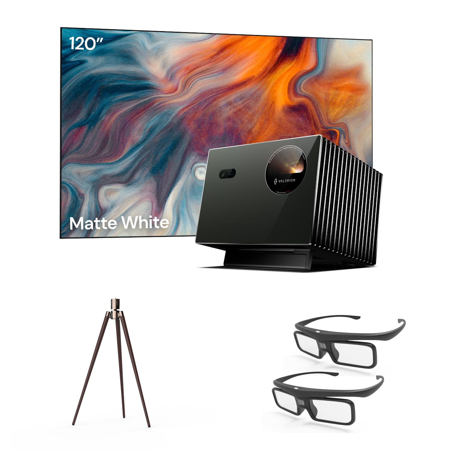 Valerion Heimkino-Paket – Enthält Valerion Pro2 4k-Projektor + 120 Zoll mattweiße Leinwand + Walnuss-Stativständer + 3D-Brille