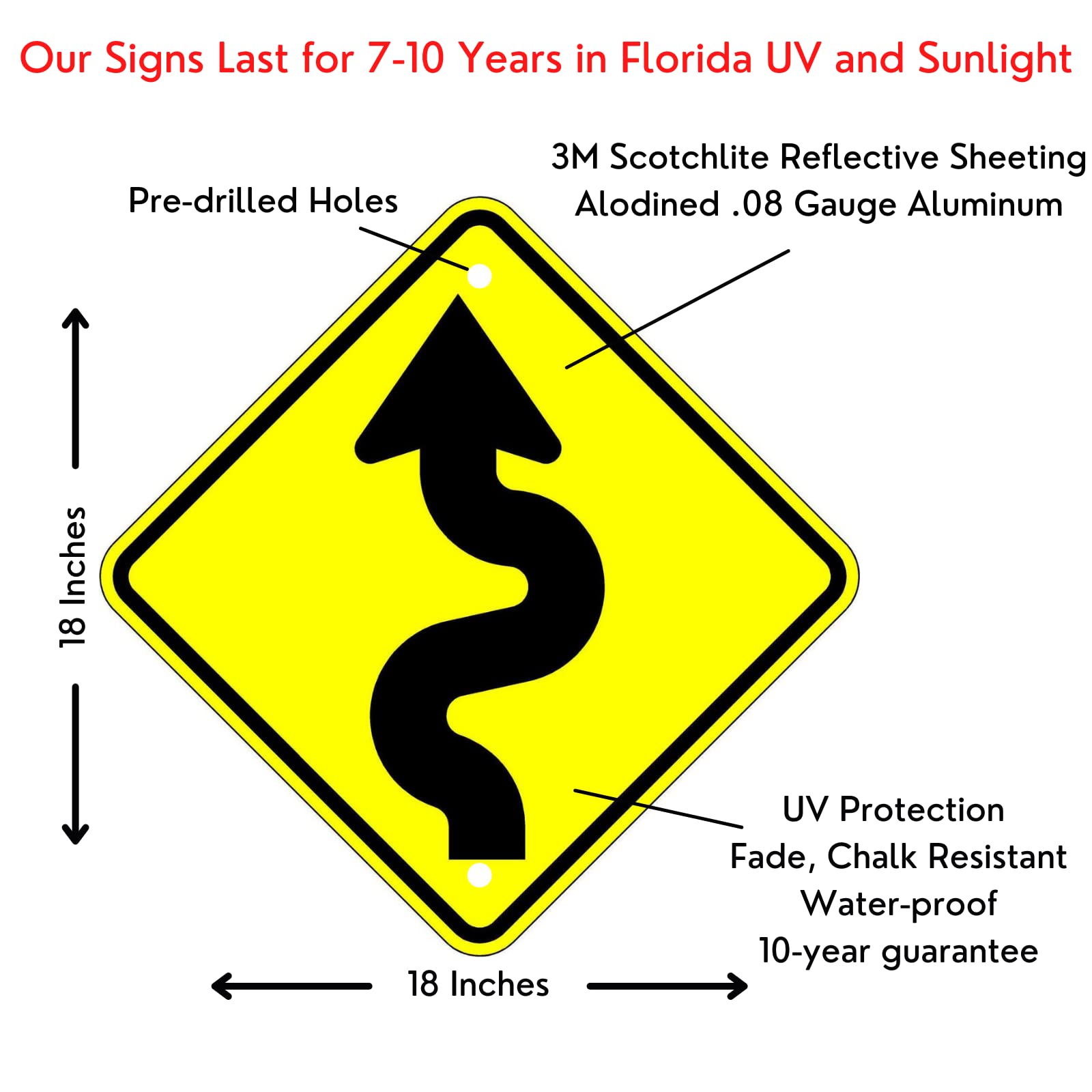 Curvy Road - 18 X 18 Warning Sign. A Real Sign. 10 Year 3M Warranty