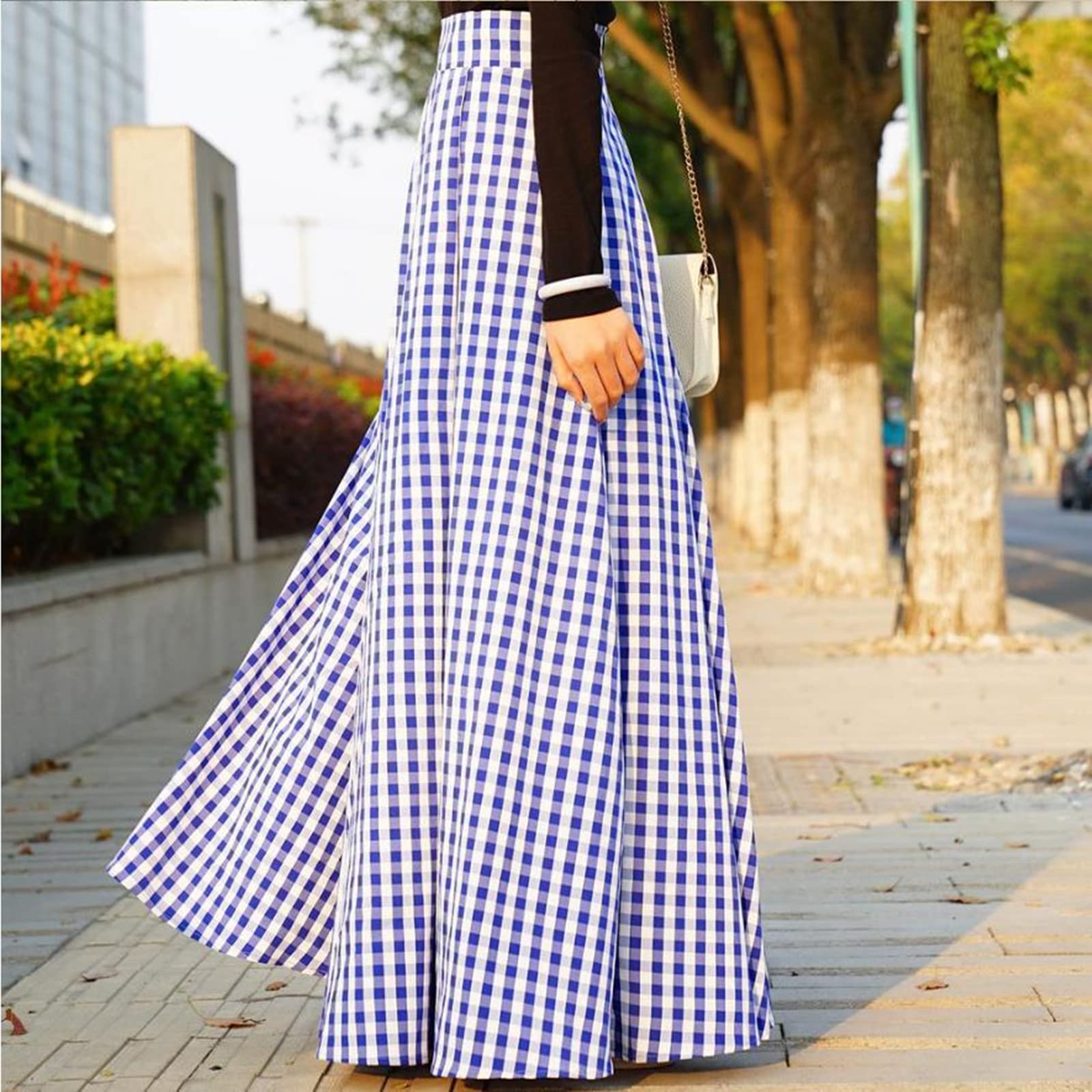 Falda larga a cuadros para mujer, falda larga de cintura alta, vestido largo, casual, elástico, falda acampanada para mujer, azul, 5X-Large