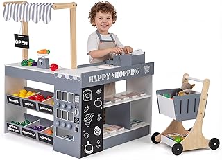 HONEY JOY Kids Grocery Store Playset, Wooden Market Stand Play Store with Canopy & Shopping Cart, Toddler Supermarket Checkout Stand w/Blackboard & Accessories, Grocery Store Pretend Play (Gray)