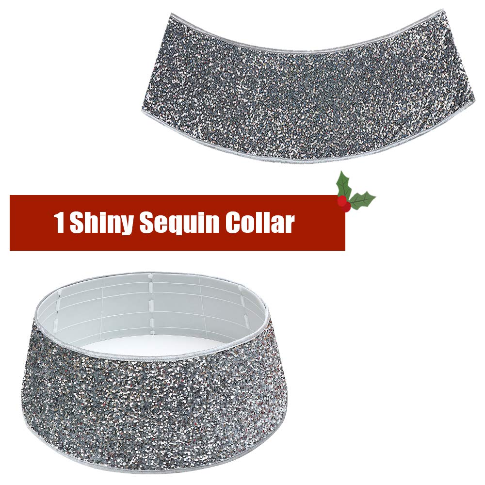 HAUMENLY Christmas Tree Collar Shiny Grey Sequins, Xmas Tree Skirt Tree Ring with Gift Box Holiday Home Decoration