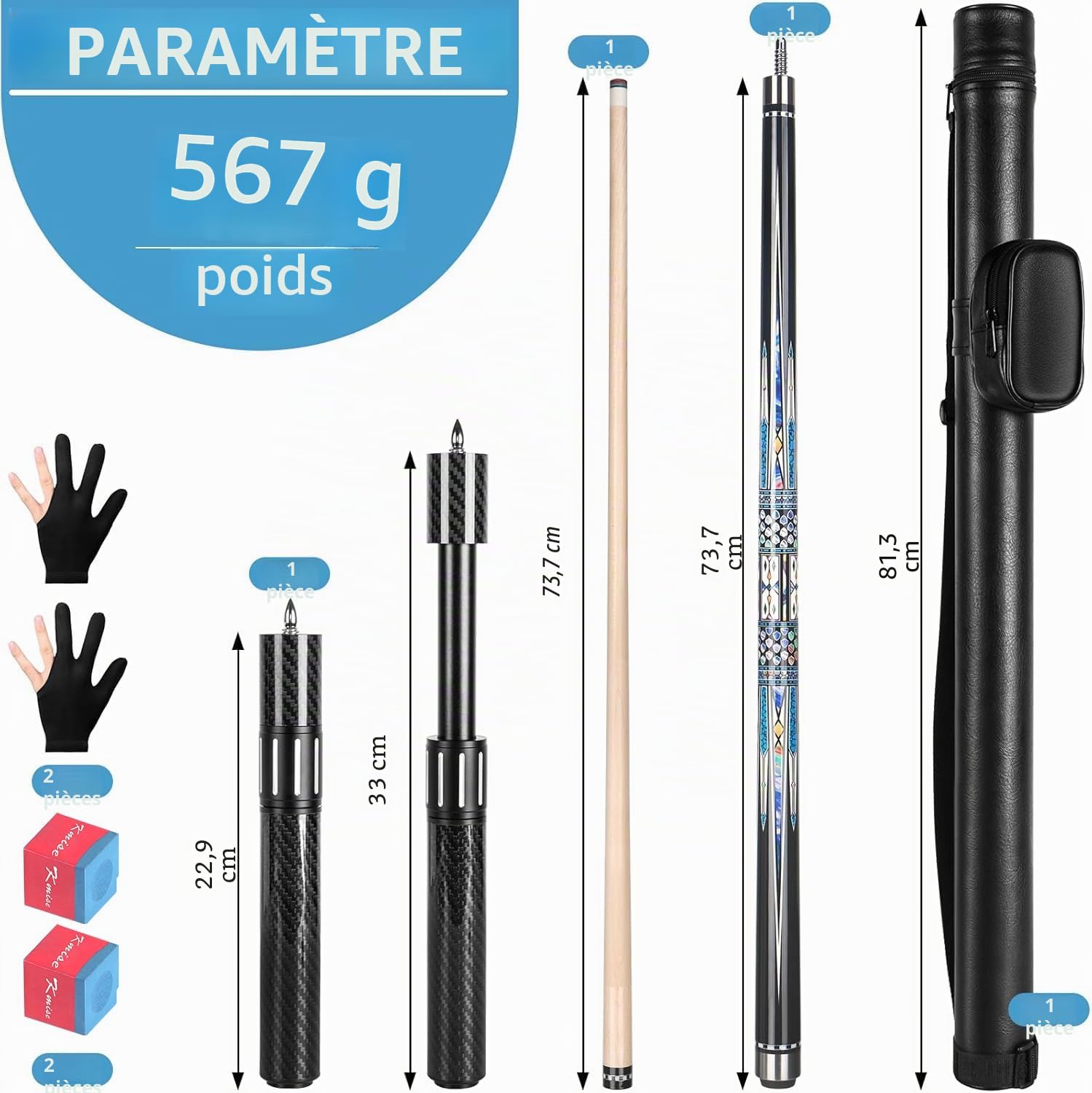 Kmise Bâtons de queue de billard professionnels en érable canadien avec tige à faible déflexion et extension télescopique en fibre de carbone, ensemble livré avec étui en cuir