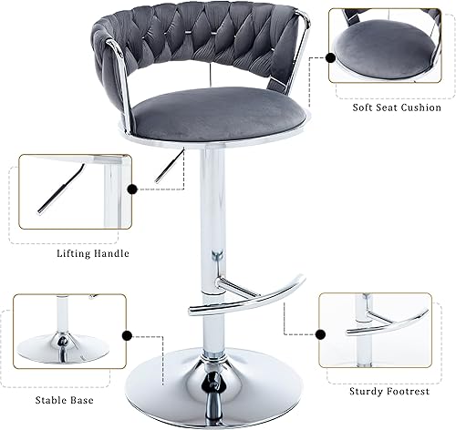 Miniatura 41 de Juego de 2 taburetes de bar de terciopelo giratorios con base de metal dorado, taburetes de bar modernos de altura de mostrador para cocina, pub,