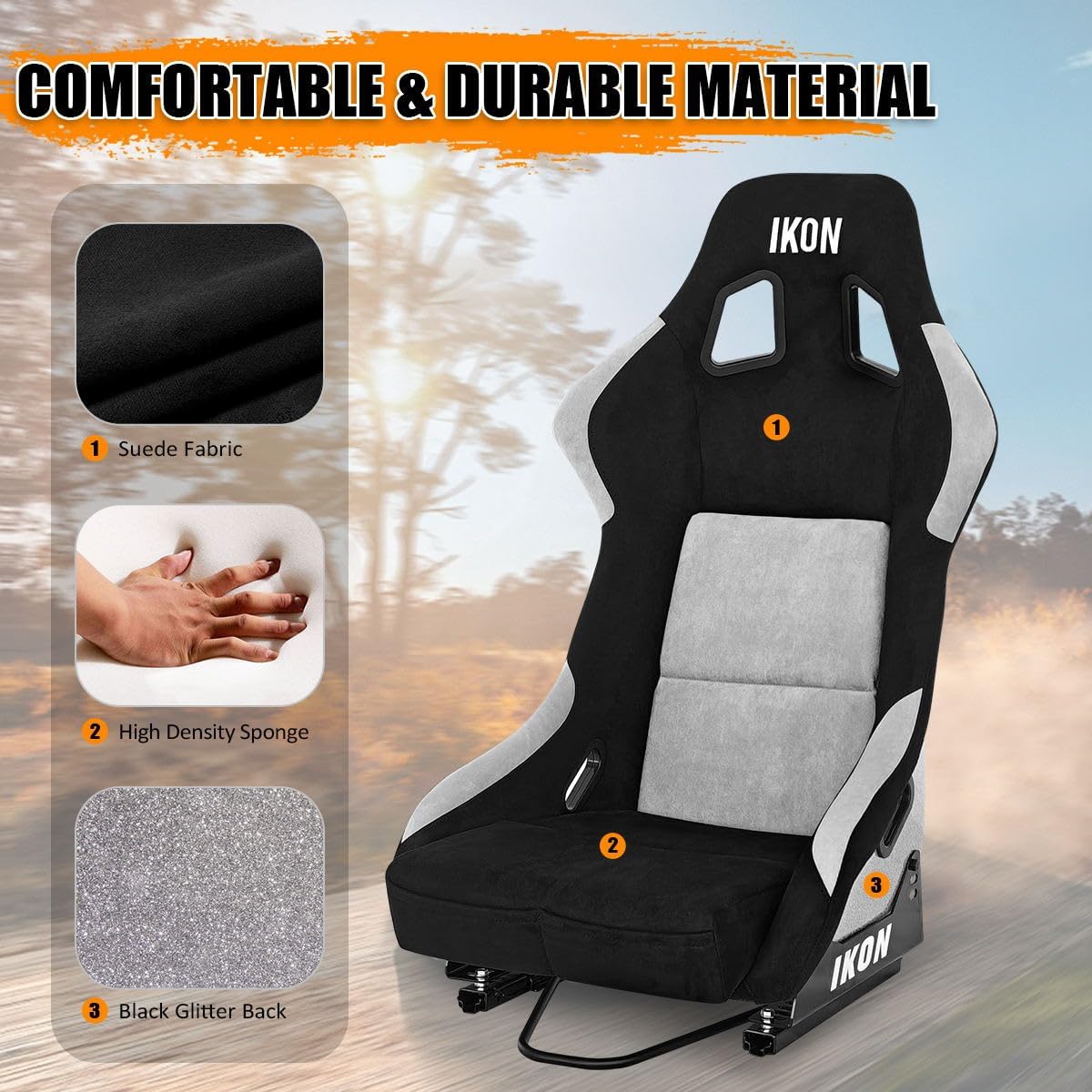 Racing Bucket Seats, Universal Fixed Back Sport Shell Seats with Dual Slider & Side Mount Brackets, Suede & Silver Glitter Sim Racing Seat, 1 Pair, Black & Silver - 3 Inch Blue 4 Point