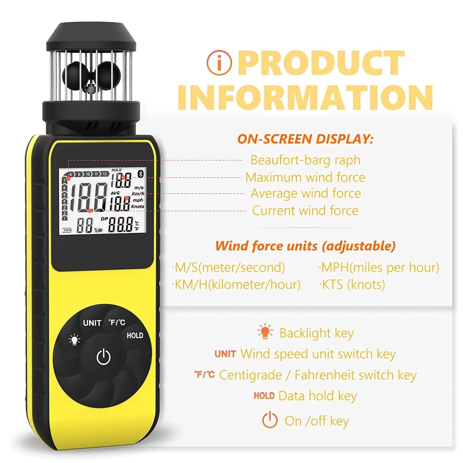 Anemómetro Portátil, Anemómetro de mano, medidor de dirección del viento for medir la velocidad y la temperatura con retroiluminación LCD.