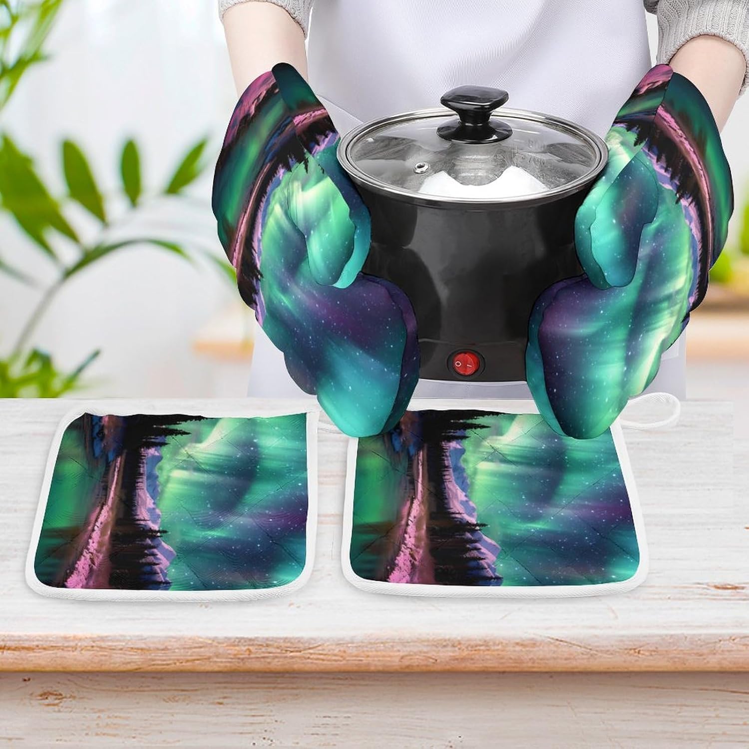 Aurora Scenery 4 Pcs Oven Mitts and Pot Holders Set High Heat Resistant Long Kitchen Oven Glove Potholders