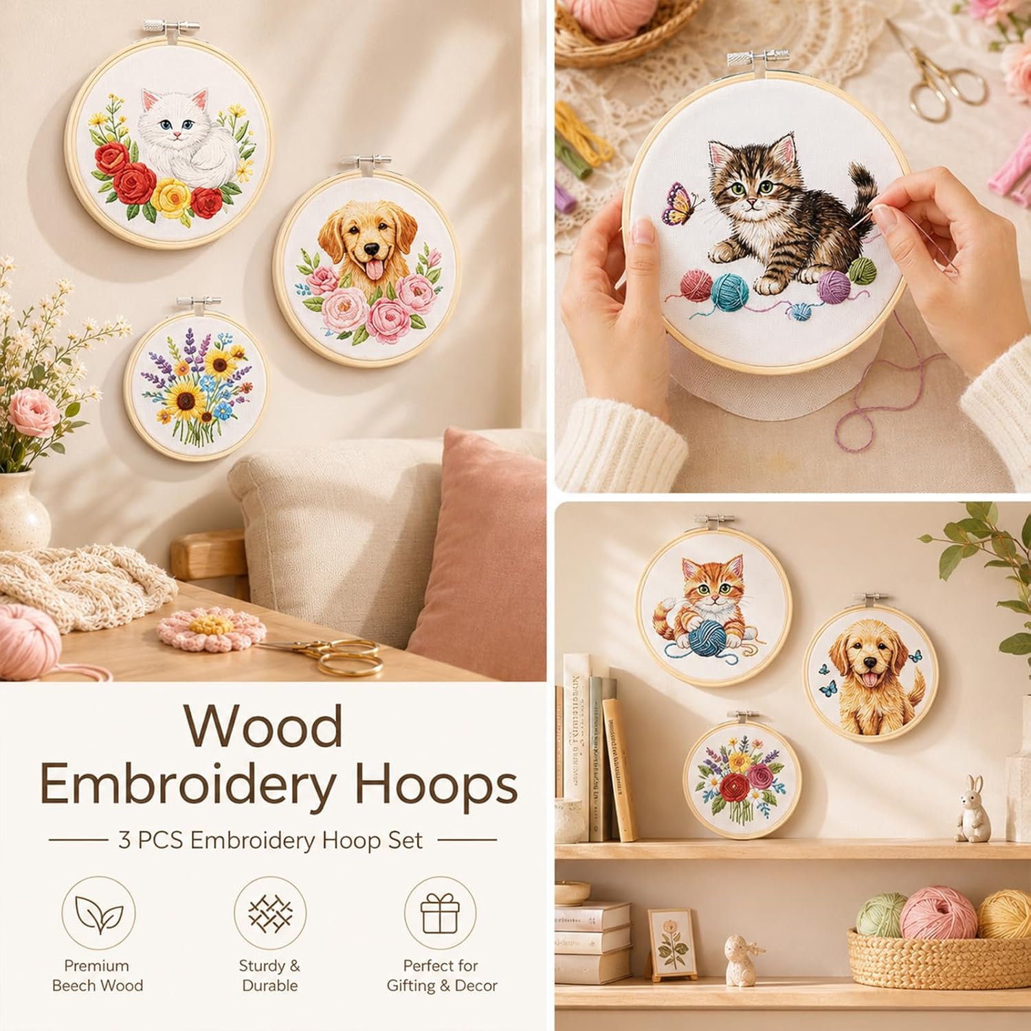 3 Pieces Embroidery Hoops (4, 5, 6 Inch) Natural Bamboo Cross Stitch Hoop Non-Slip Grip Round Wooden Embroidery Hoops for Cross Stitch Hand Art Sewing Craft Projects and DIY Decoration