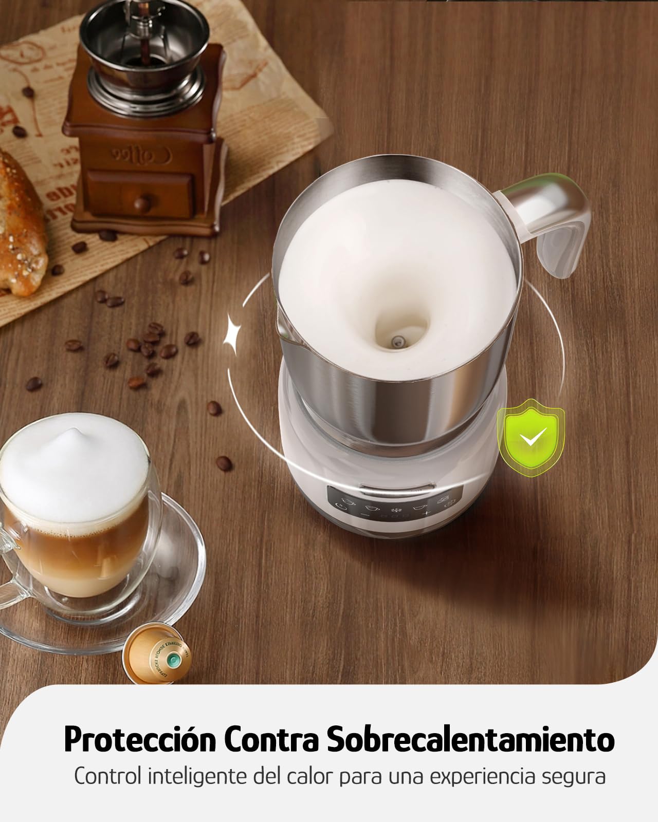 Hazel Quinn Espumador de Leche Eléctrico 5 en 1, Acero Inoxidable y Pantalla Táctil LED, Regulación de Temperatura, Espuma de Leche Fría y Caliente, Lavable en Lavavajillas, 400 ML, Blanco