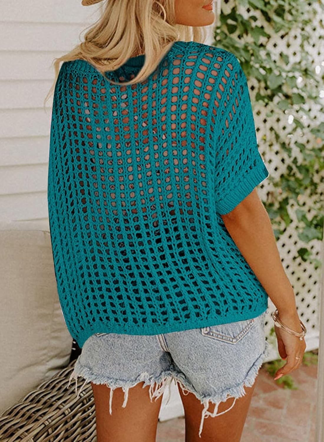 Dokotoo Womens Summer Scoop Neck Short Sleeve Sweater Casual Crochet Hollow Out Knit Tops Pullover Shirts Beach Coverup - Image 2