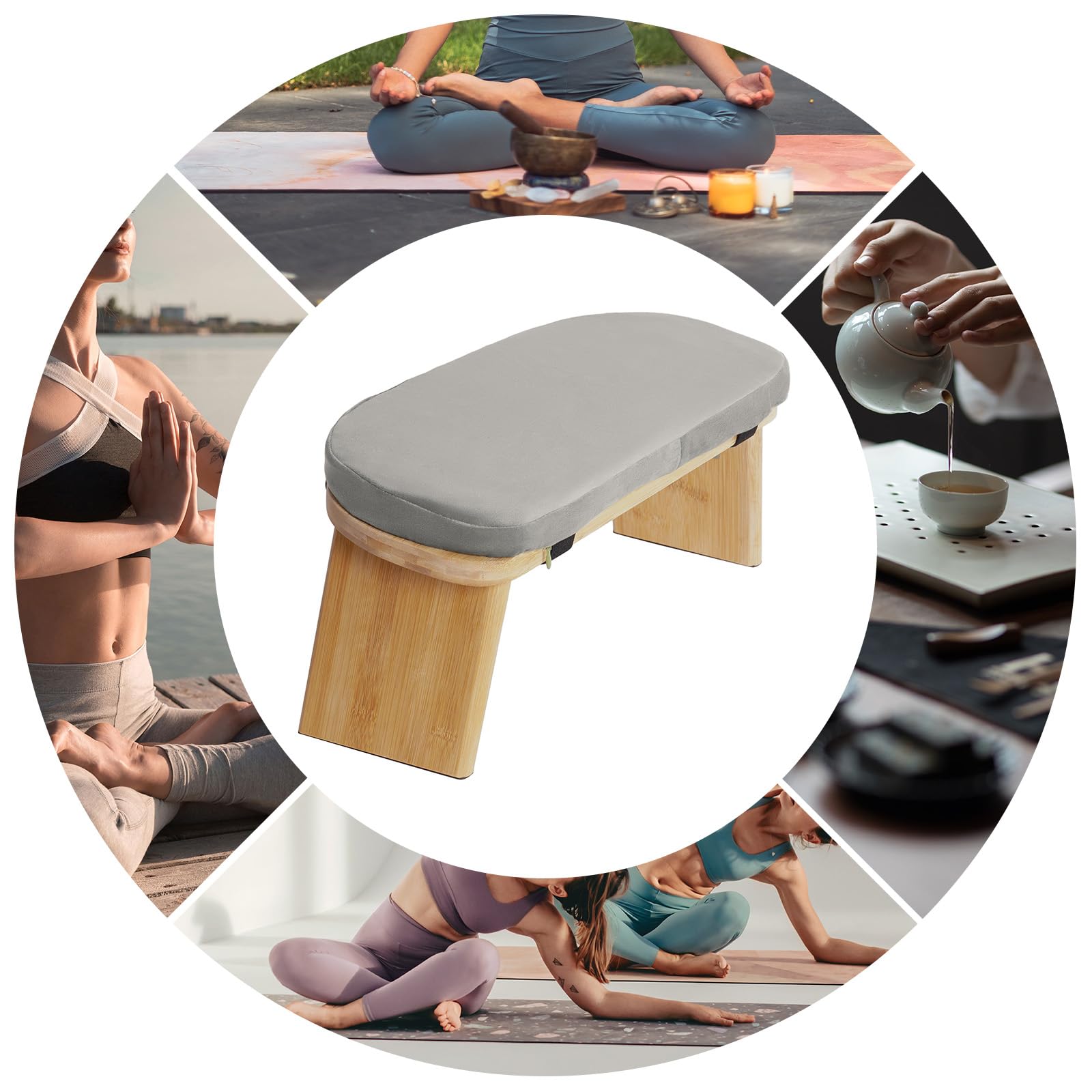 MINRS Banc de méditation pliable en bois avec coussin - Tabouret de prière ergonomique pour s'agenouiller et s'asseoir - Méditation plus profonde et plus longue - Gris