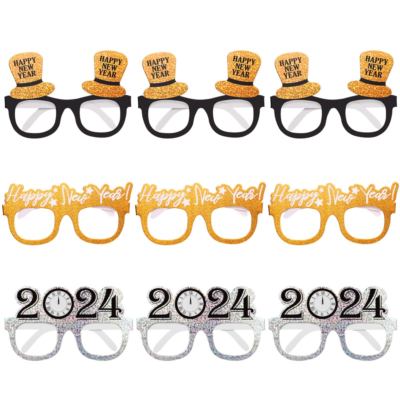 Unomor 9pcs Happy New Year 2024 New Years Eve Party Eyeglasses Photography Glasses Props Paper Glasses