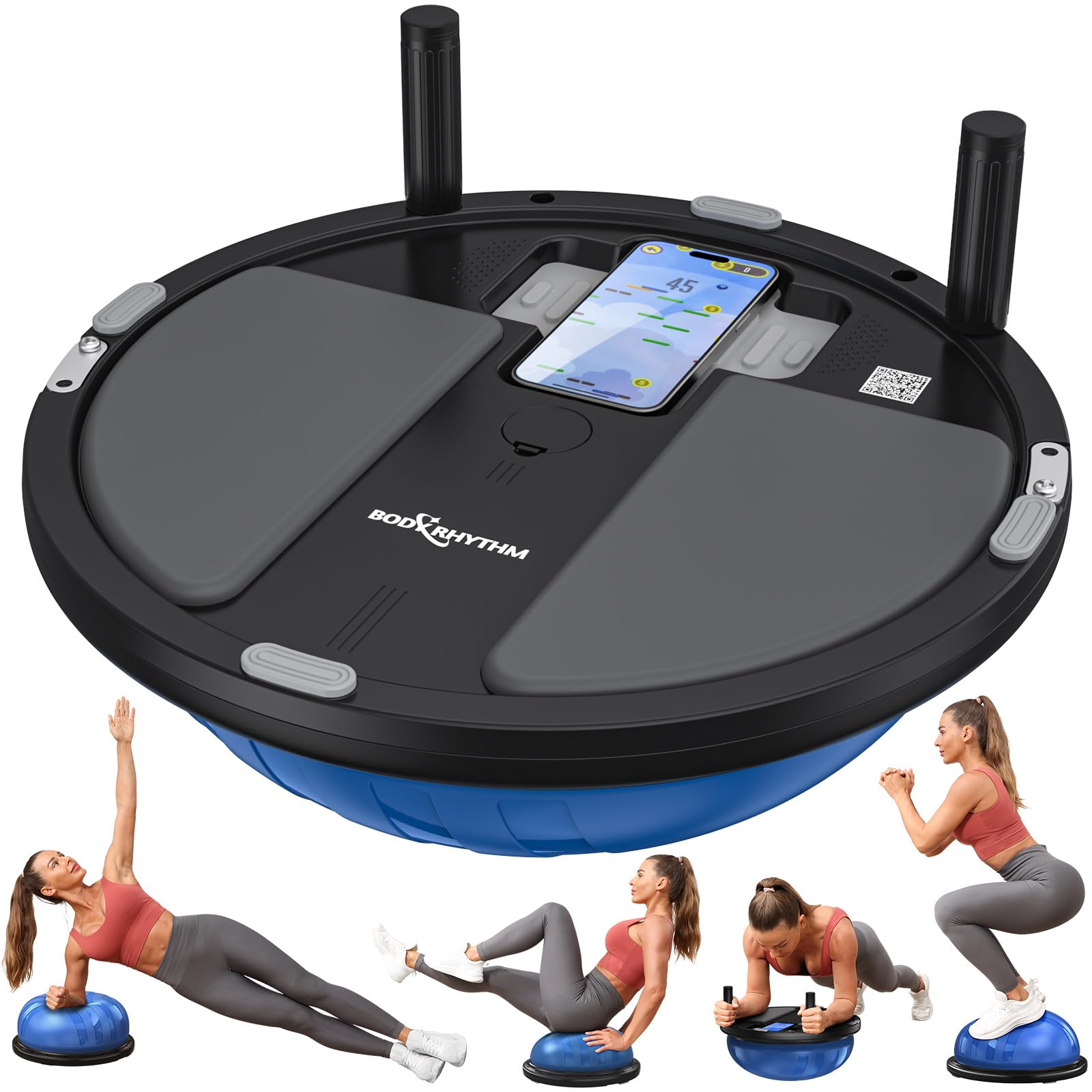BODYRHYTHM 2 in 1 Balance Ball & Plank Board Trainer with Free iOS/Android App & 4 Free Games for Full Body Workout - Half Exercise Yoga Ball Trainer