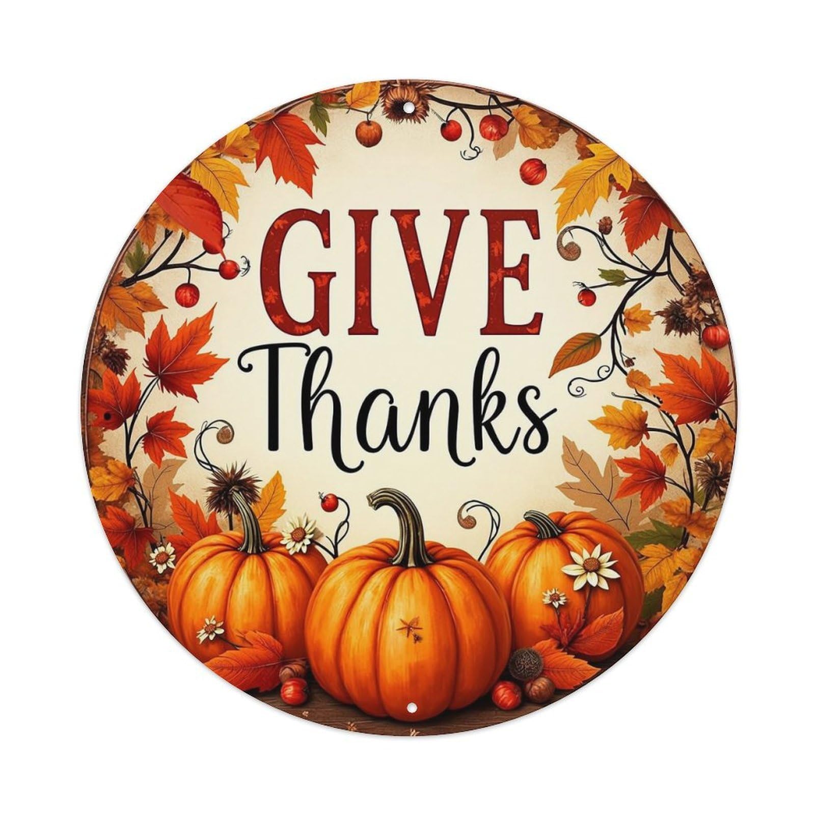 Autumn Leaves Pumpkins Flowers Text Vintage Round Tin Sign Retro Metal Wall Decor Metal Poster, Home Bar Garage Cafe Wall Art Decoration 8x8Inches