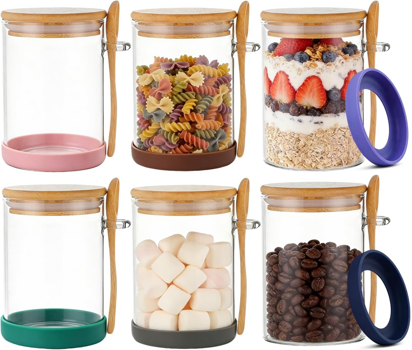 Glass Containers Sets with Lids and Spoons - Kitchen Storage Jars with Protective Silicone Sleeves and Bamboo Scoops, Airtight Canisters for Sugar, Salt, Coffee, Chia Pudding, Matcha, Tea, 6 Packs