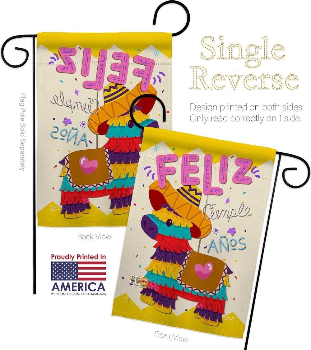 Feliz Cumpleaños Garden Flag Set Wall Holder Celebration Birthday Cake Gift Present Candy Bouquet Occasion Anniversary Party Small Decorative Yard House Banner Made In USA 13 X 18.5