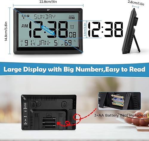 Miniatura 8 de Amgico Reloj de pared digital, reloj atómico de pantalla grande de 10.5 pulgadas, funciona con pilas, ajuste automático de calendario digital con