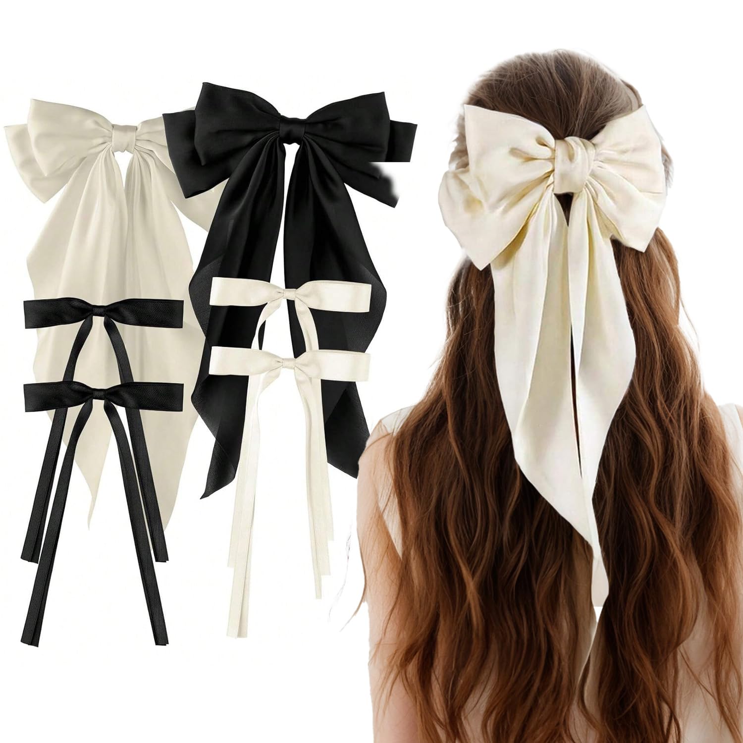 6 fiocchi per capelli, accessori per capelli, 4 fiocchi piccoli e 2 grandi per donne, fermagli per capelli a coda lunga (6 fiocchi)