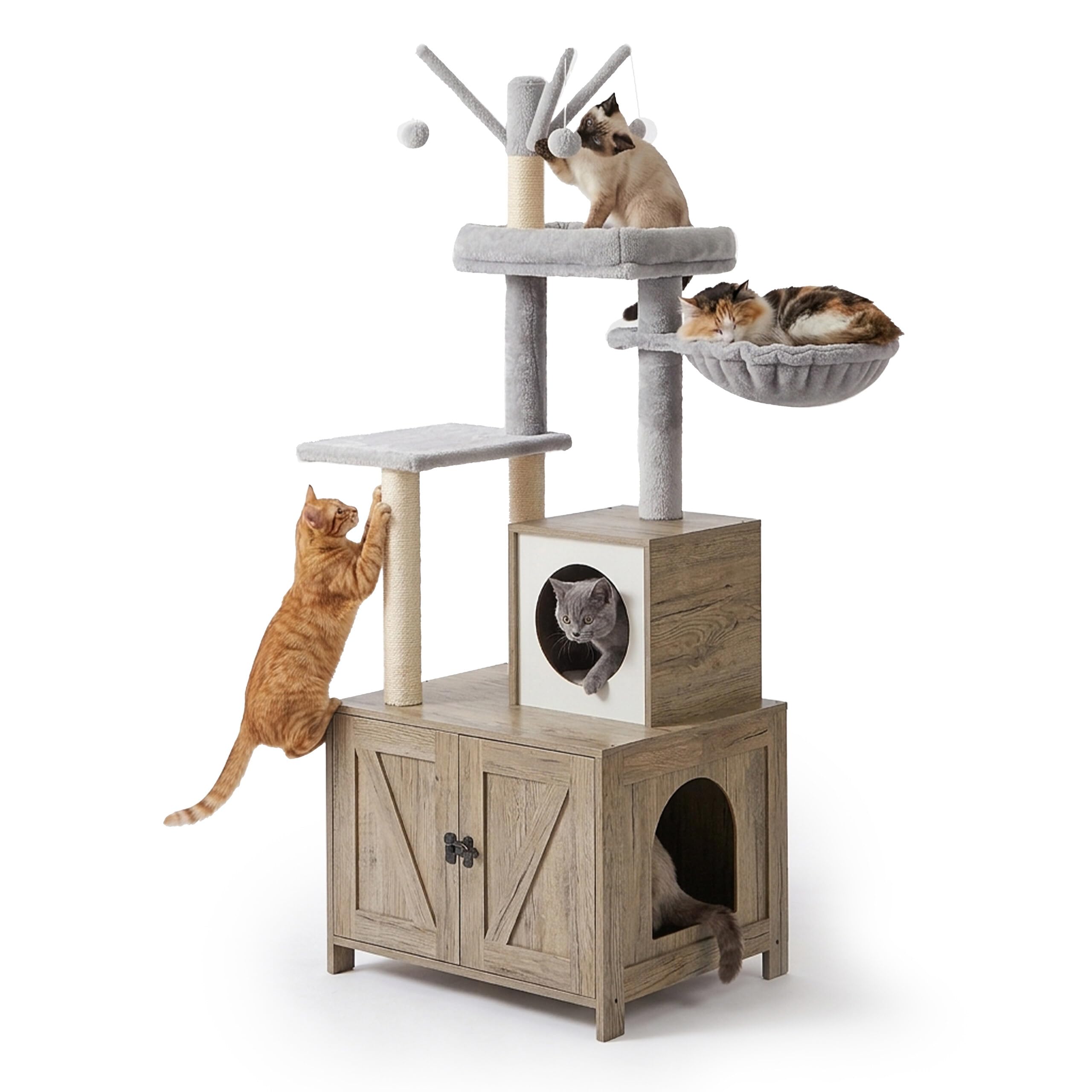 Relaxdays Kratzbaum mit Katzenkloschrank, HxBxT: 150 x 60 x 49 cm, Sisalstämme & Liegemulde, Holzoptik, Hellbraun/weiß