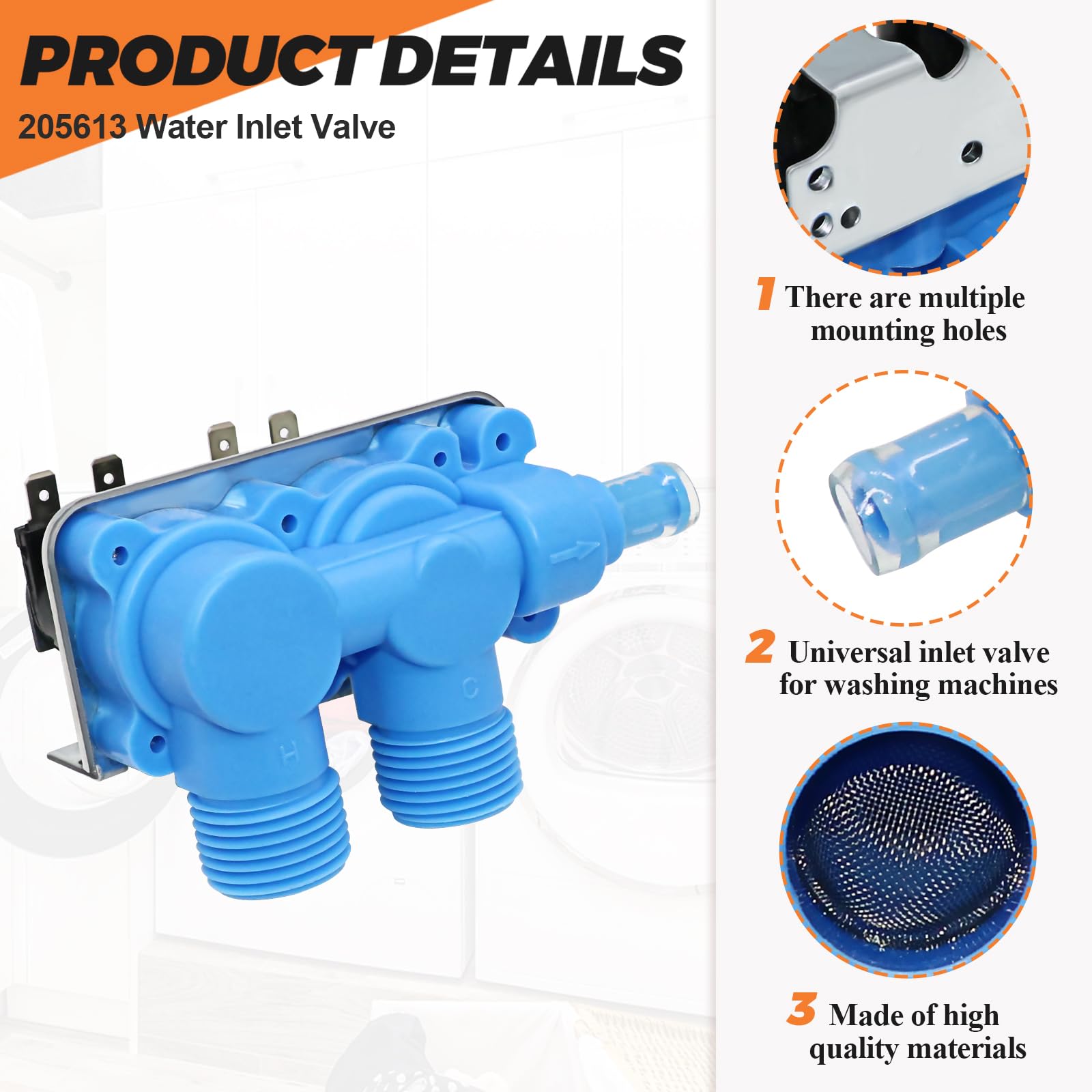 Beaquicy 205613 WP358276 - Válvula de entrada de agua universal para lavadora - Reemplazo para Whirlpool Wahers - Salida universal de 3/8" con adaptador de goma para convertir la salida a 1/2"