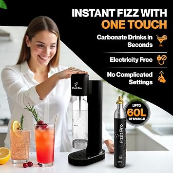 Soda Maker Machine, Black - Easy One-Touch Sparkling Water Maker with Reusable 1L BPA-Free Bottle, 425g CO₂ Canister - No Power Required, Durable & Modern Design for Home Use