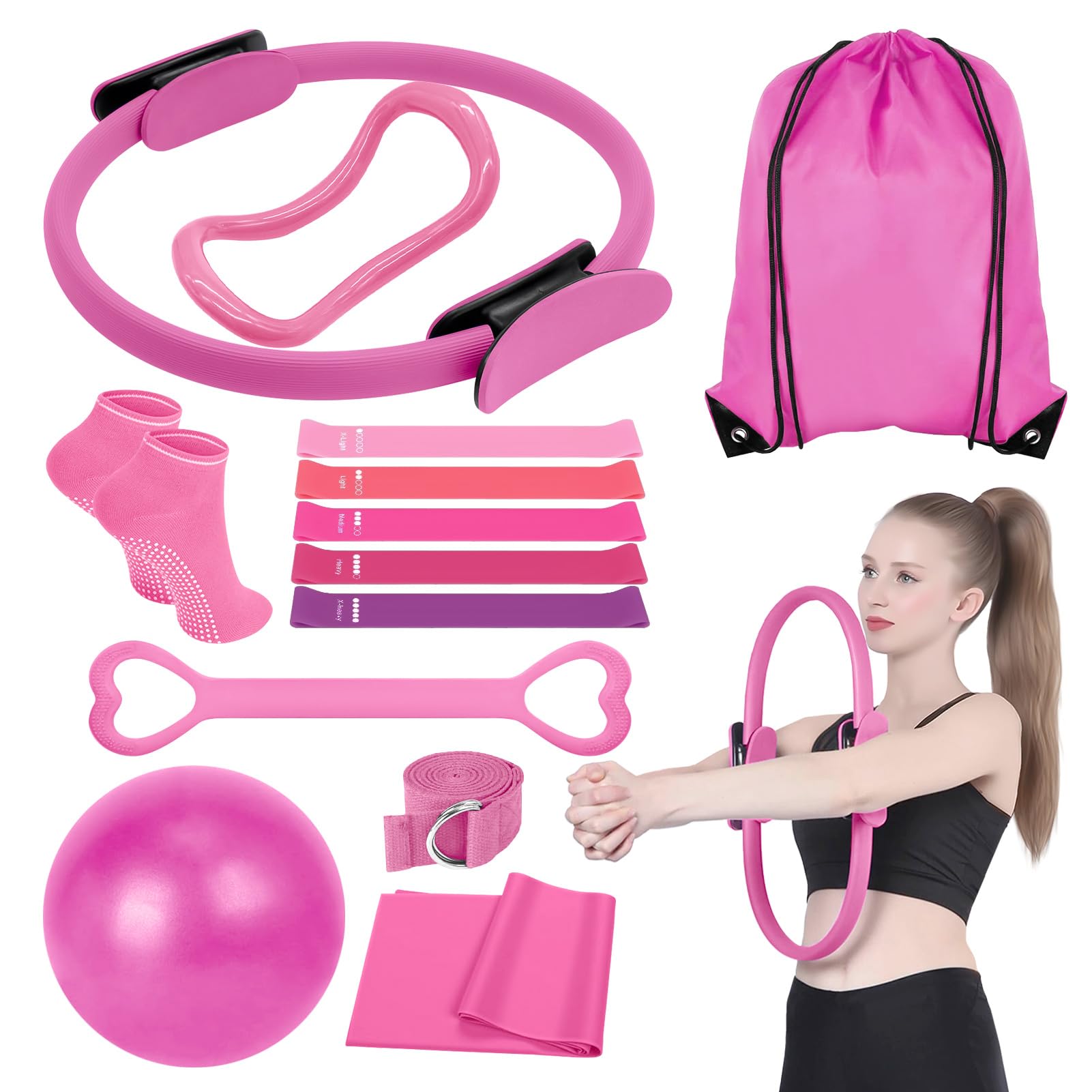 Ensemble de 13 anneaux de pilates avec anneau de Pilates de 38 cm, ballon de yoga de 25 cm et bandes de résistance, équipement de gym à domicile pour femme