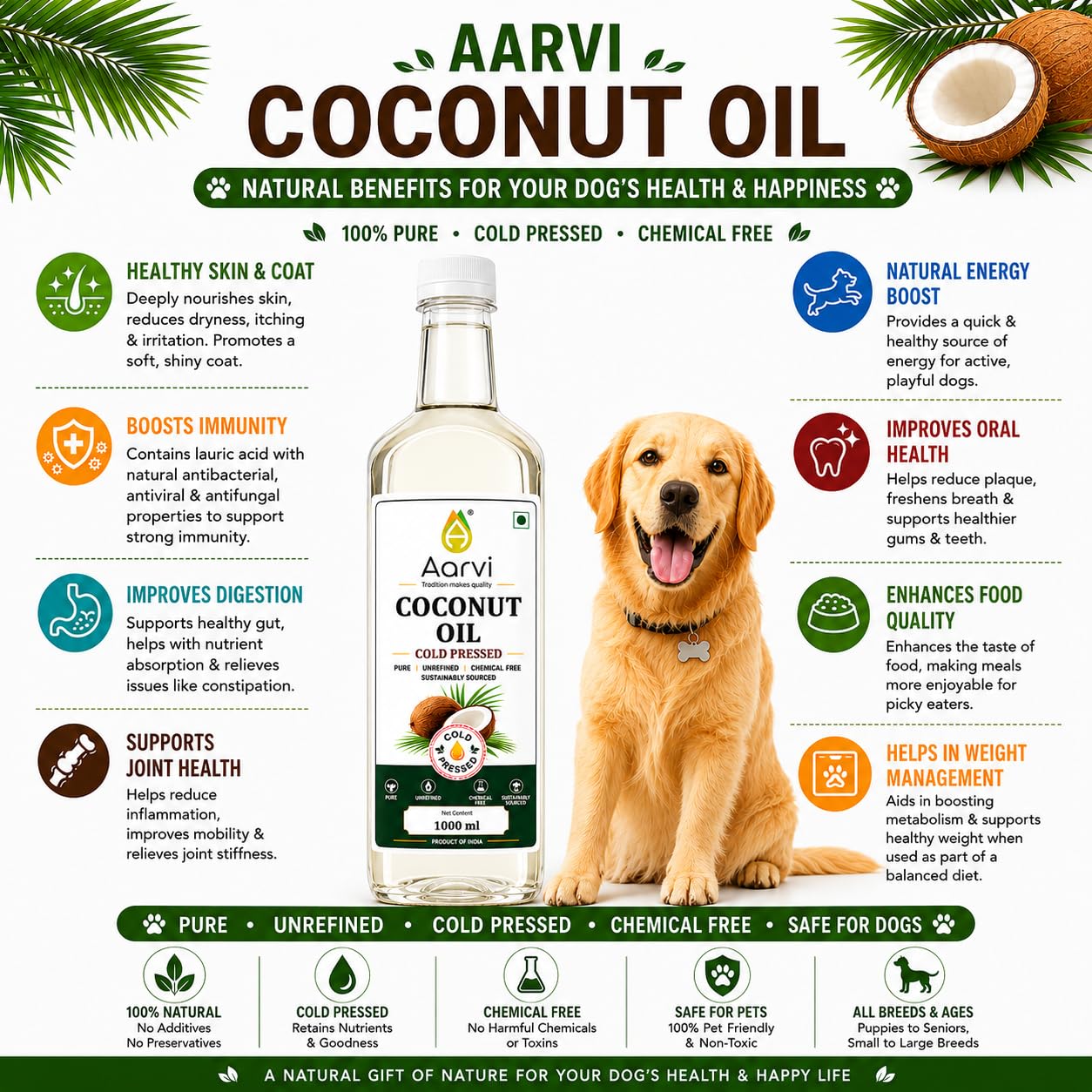 AARVI Cold Pressed Coconut Oil 1 Litre | 100% Pure & Unrefined | Cold Pressed | Edible Cooking Oil | Chemical Free | Natural Coconut Oil for Cooking & Baking (1000 ML PET BOTTLE) 4
