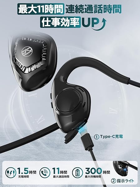 【新装発売通話専用G2】 Bluetooth ヘッドセット Earaku(イアラク) 2026版 マイク付き 通話専用 耳を塞がない 日本語音声ガイド ワイヤレス イヤホン ブルートゥース ENCノイズキャンセリング オープンイヤー Bluetooth 5.3 軽量 約28g 両耳 耳掛け式 無線 【ブラック 】 - 5