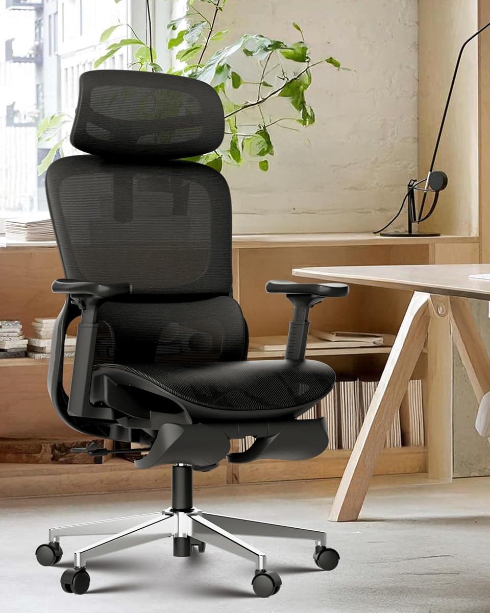 Silla de oficina ergonómica Hbada P2, silla de oficina con soporte lumbar 3D, sillas de malla con brazo de rotación 3D de 360° y reposacabezas 3D, función de inclinación continua de 135°, negro(con reposapiés)