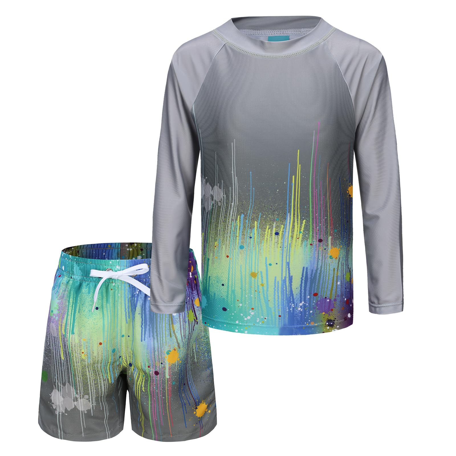 Boys Two Piece Rash Guard Swimsuits Set with Swim Trunk Kids Long Sleeve Bathing Suit Swimwear Set