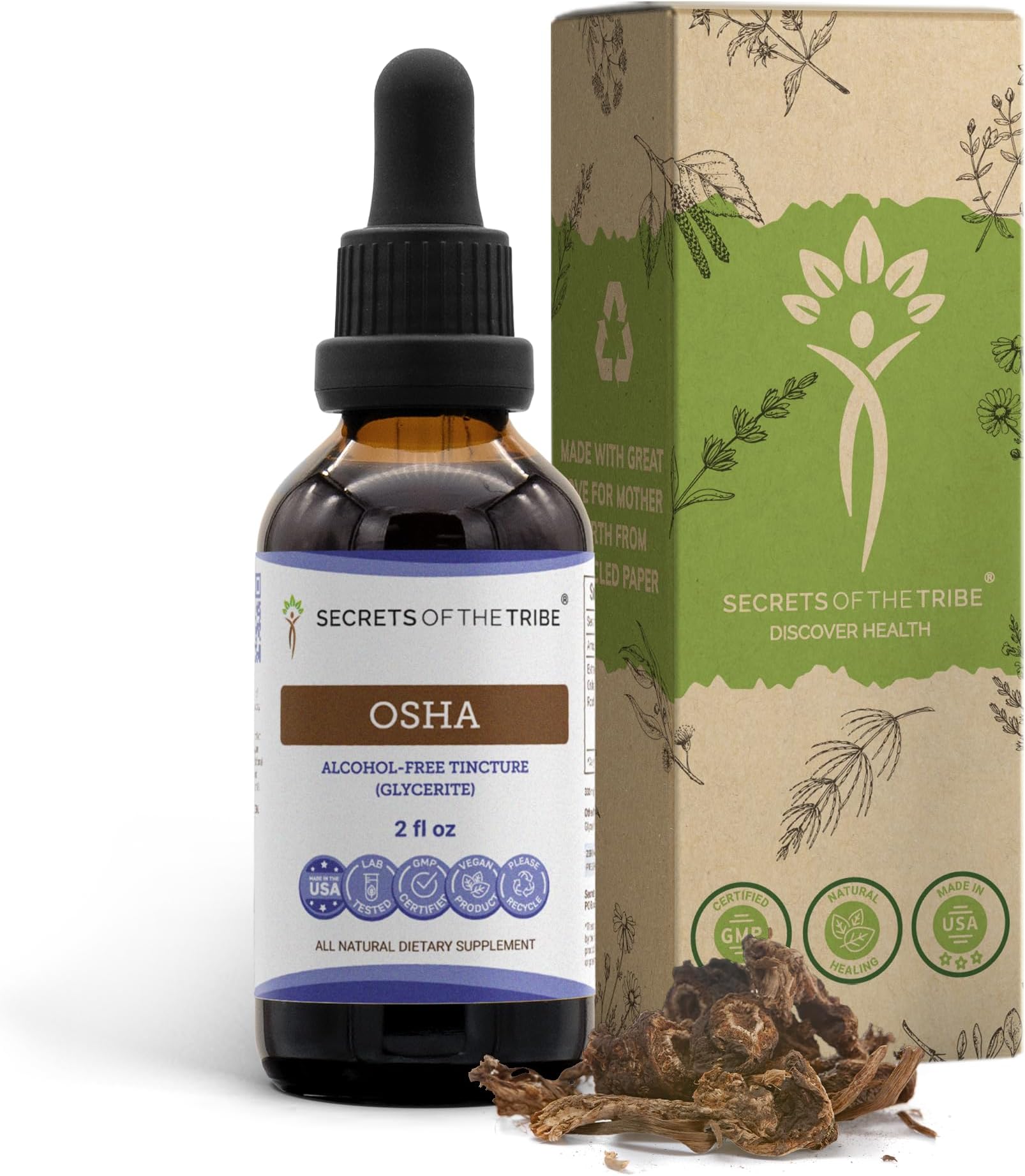 Secrets of the Tribe OSHA Tincture Alcohol-Free Extract, High-Potency Herbal Drops, Tincture Made from Responsibly farmed OSHA Ligusticum porteri Respiratory System Health 2 oz