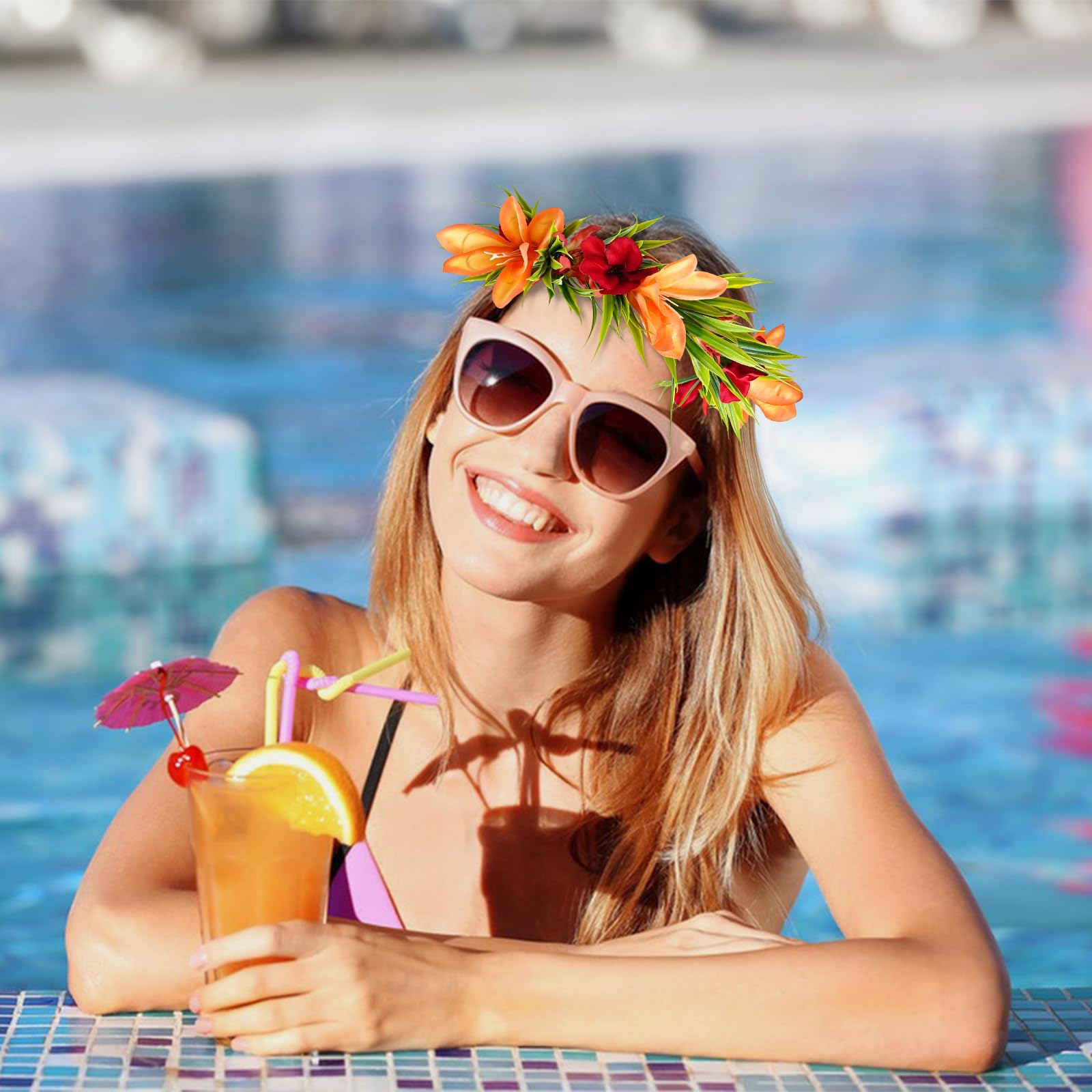 Couronne de Fleurs Hawaïen, Couronne de Fleurs Tropicales Artificielles Lei Luau, Costume Hawaïen, Convient aux Filles et aux Femmes, Décorations pour Fêtes d'été à la Plage et à la Piscine (B)