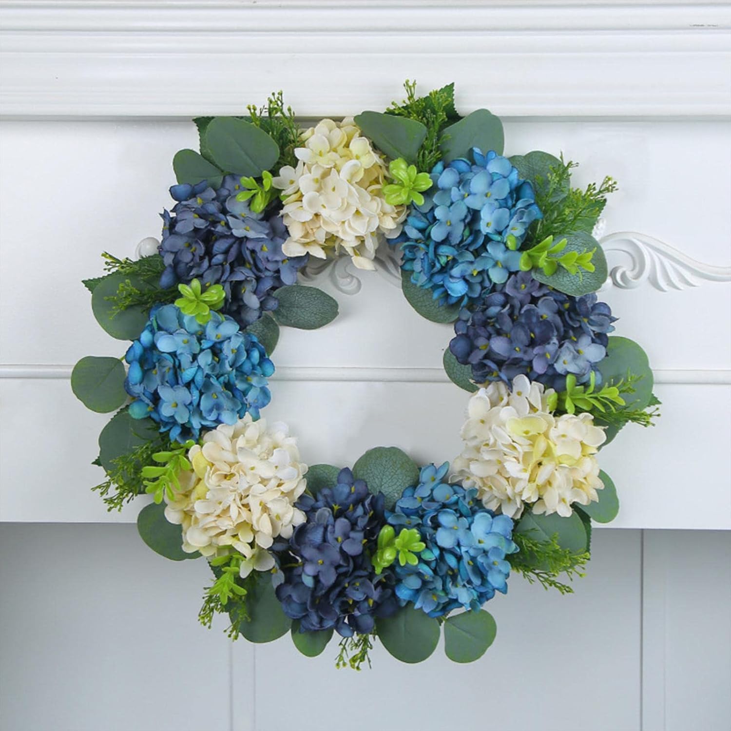 Hydrangea Wreath for Front Door, Flower Wreaths Floral Large 16" Blue White Hanging Spring Summer Wreaths Farmhouse Wreath