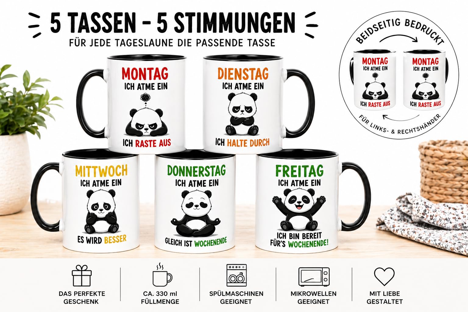 Lustige Tassen Set 5er – Büro Geschenk für Kollegen – Kaffeetassen mit Spruch Montag bis Freitag – Humor Kaffee Becher Set – Panda