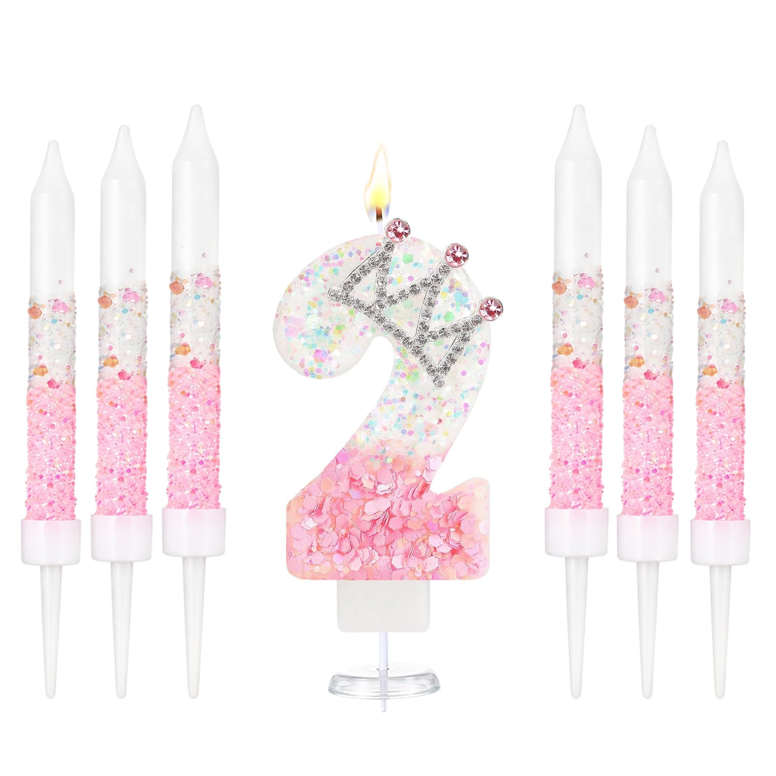 Crown Number Birthday Candles, Glitter Pink White Birthday Candle with 6 Pcs Long Candles, Stylish Princess Themed Cake Topper for Girls Birthday Party Supplies (2 Candle)